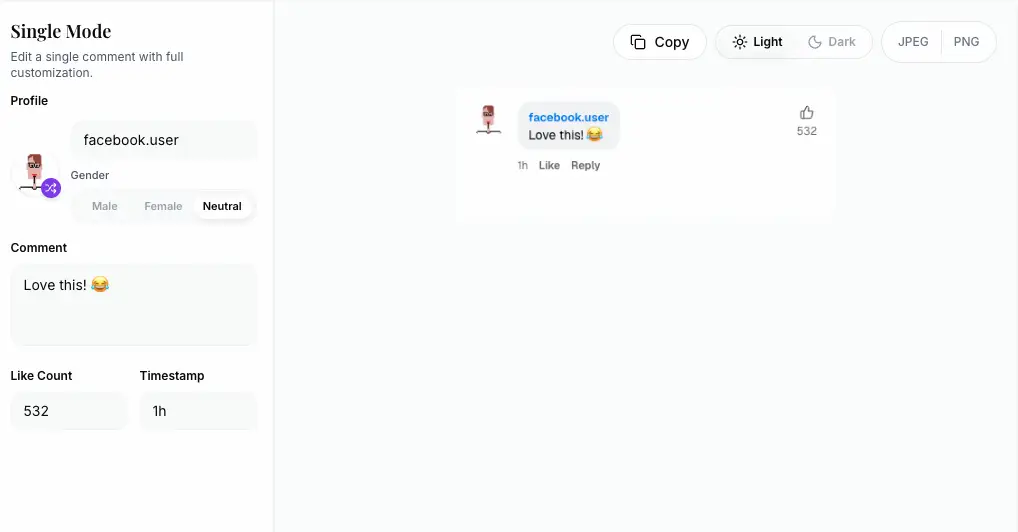 Facebook Comment Generator main interface showing preview and configuration areas