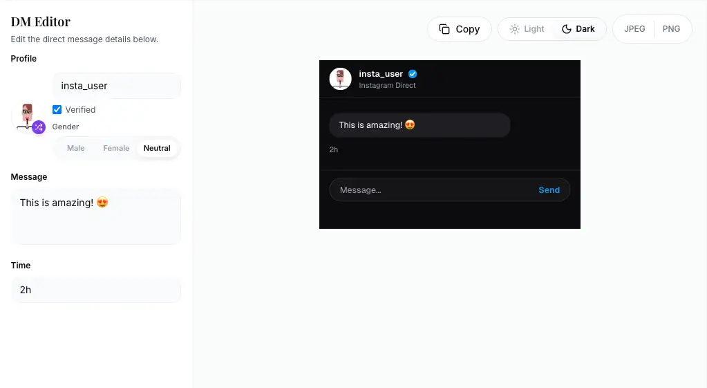 Instagram DM generator dark mode example showing message with dark background