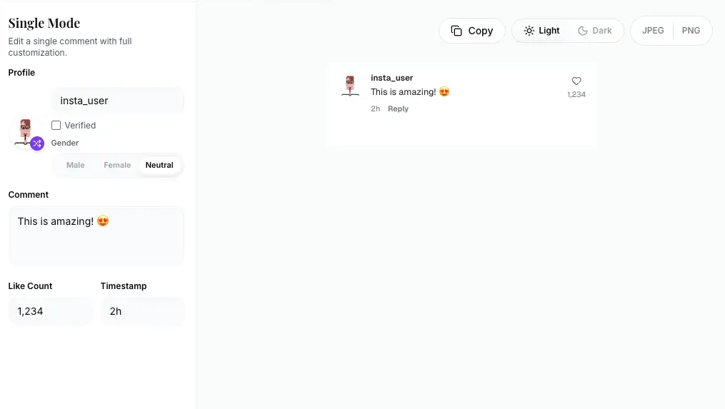 Instagram Comment Generator main interface showing preview and configuration areas